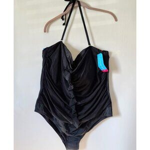 Tropical Escape Plus One Piece Halter Swimsuit Sz 22W Black Front Ruffle NWT